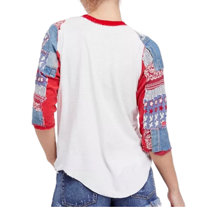 We The Free Red and Blue Patchwork Long Sleeve Tee